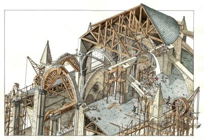 Gotische Kunst: Rekonstruktion der Baustelle einer gotischen Kathedrale, die Arbeiter klettern auf Gerüsten und benutzen Flaschenzüge. 13. Jahrhundert Illustration von Giorgio Albertini von Giorgio Albertini