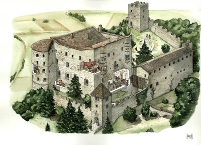 Mittelalterliche Architektur: Blick auf das Schloss von Pergine, mit Schnitten, die das Leben der Bewohner in den Räumen des Schlosses im 16. Jahrhundert zeigen. Pergine Valsugana, Trento, Italien Illustration von Giorgio Albertini von Giorgio Albertini