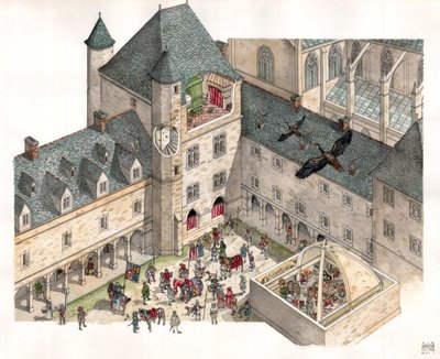 Mittelalter: Luftaufnahme des Palais des Herzöge von Burgund in Dijon im 15. Jahrhundert. Die Küchen des Palastes sind sichtbar, im Hof die Ritter mit ihren Pferden. von Giorgio Albertini