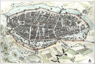 Mittelalter: Luftansicht der Stadt Lübeck in Deutschland mit Straßenkarte, die ihre geografische Lage auf einer Insel an der Mündung der Wakenitz und Trave zeigt. 15. Jahrhundert. Deutschland. Illustration von Giorgio Albertini. von Giorgio Albertini