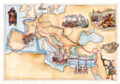 Mittelalter: Karte von Europa und dem Nahen Osten mit den Land- und Seewegen der Kreuzzüge von Giorgio Albertini