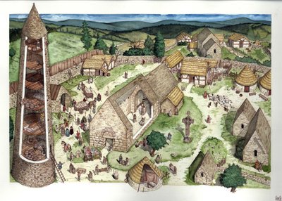 Mittelalter: Rekonstruktion des alten Klosters von Glendalough von Giorgio Albertini