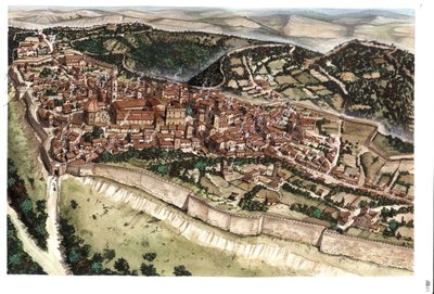 Mittelalter: Ansicht der mittelalterlichen Stadt Volterra, umgeben von Stadtmauern, im 14. Jahrhundert. Toskana, Italien. Illustration von Giorgio Albertini. von Giorgio Albertini