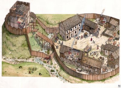 Mittelalter: Dorf am Flussufer, mit Holzpalisaden und einem befestigten Turm. 11. Jahrhundert von Giorgio Albertini