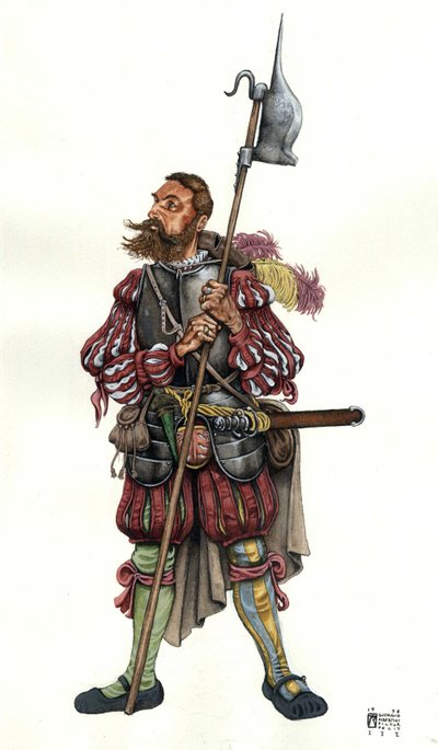 Darstellung eines Landsknechts, eines deutschen Söldners, im Dienst eines Herrn. 16. Jahrhundert von Giorgio Albertini