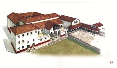 Römische Antike: Rekonstruktion des Geländes der Domus der Marine Porte in Ostia Antica im 4. Jahrhundert, Italien von Giorgio Albertini
