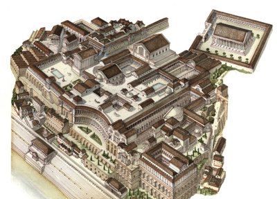 Römische Antike: Rekonstruktion des Palatin-Hügels im 4. Jahrhundert, auf dem aufeinanderfolgende Kaiser (Augustus, Nero, Septimius Severus) ihre jeweiligen Paläste bauten. Rom, Italien von Giorgio Albertini