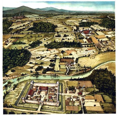 Ansicht einer typischen Landschaft des Hochmittelalters, mit Festung im Vordergrund, Frankreich. 6.-11. Jahrhundert von Giorgio Albertini