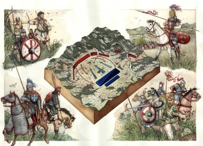 Gotenkrieg (535-553) zwischen Byzantinern und Ostgoten: Die Schlacht von Taginae im Juli 552, die den Byzantinern unter Justinian den Marsch von Ravenna nach Rom ermöglichte von Giorgio Albertini