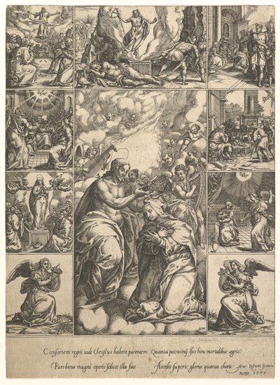 Die Krönung der Jungfrau, umgeben von neun Vignetten mit Szenen aus dem Leben von..., um 1575 von Giorgio Ghisi