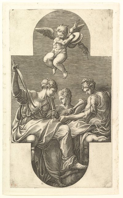 Drei Musen und ein Putto mit Zimbeln, eine kreuzförmige Komposition, aus einer Serie von acht..., 1560er von Giorgio Ghisi