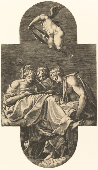 Drei Musen und ein Putto mit einer Lyra, aus einer Serie von acht Kompositionen nach Fran..., 1560er Jahre von Giorgio Ghisi