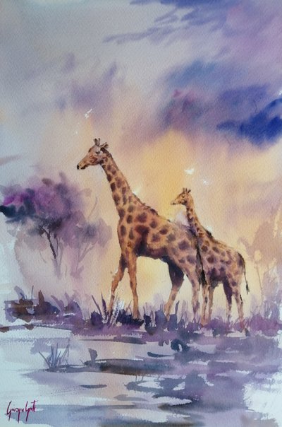 Afrikanischer Sonnenuntergang mit Giraffen von Giorgio Gosti