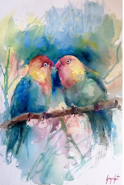 Bunte Liebesvögel Aquarell von Giorgio Gosti