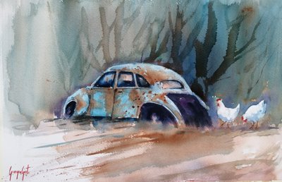 Rustikales Auto und Hühner von Giorgio Gosti