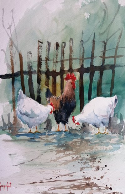Aquarell-Hühner auf dem Bauernhof von Giorgio Gosti