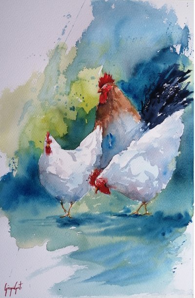 Aquarell Bauernhof Geflügel von Giorgio Gosti