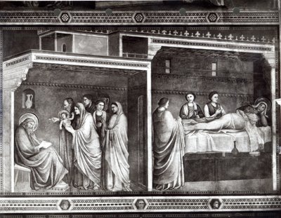 Die Geburt von Johannes dem Täufer und sein Vater Zacharias schreibt seinen Namen von Giotto di Bondone