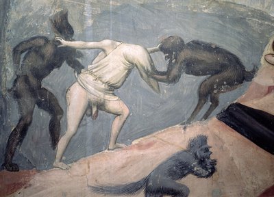 Das Jüngste Gericht: Hölle, Detail eines der Verdammten, der von zwei Dämonen geholt wird, ca. 1303-05 von Giotto di Bondone