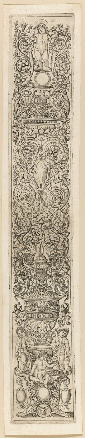 Drei Kinder, die Hörner blasen, Tafel acht von Zwölf Ornamenttafeln von Giovan Pietro Birago