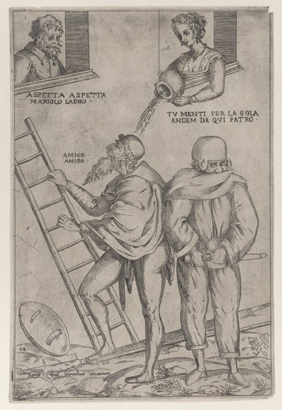 Ein Mann klettert eine Leiter hinauf, während eine Frau Wasser von oben auf ihn gießt, 1575-99 von Giovanni Ambrogio Brambilla