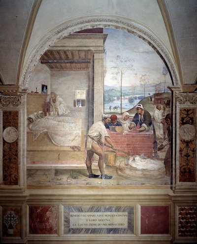 Benedikt erscheint zwei Mönchen und präsentiert ihnen das Projekt eines Klosters (Detail) von Giovanni Antonio Bazzi Sodoma