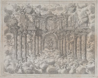 Bühnenbild mit allegorischen Figuren, die unter den Wolken sitzen, 1690 von Giovanni Antonio Lorenzini