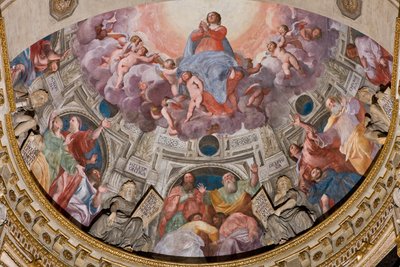 Genua, Duomo (St. Laurentius-Kathedrale), innen, Lercari-Kapelle oder Kapelle des Allerheiligsten Sakraments (nördliche Apsis), Apsis: "Himmelfahrt der Jungfrau", Fresko von Giovanni Battista Castello, bekannt als Bergamasco von Giovanni Battista Castello