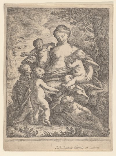 Nächstenliebe, sitzend in einer Landschaft, umgeben von fünf nackten Kindern, 1692-1727 von Giovanni Battista Catenaro