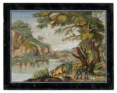 Ein italienisches Mikromosaikbild einer Jagdgesellschaft in einer Flusslandschaft von Giovanni Battista Luchini