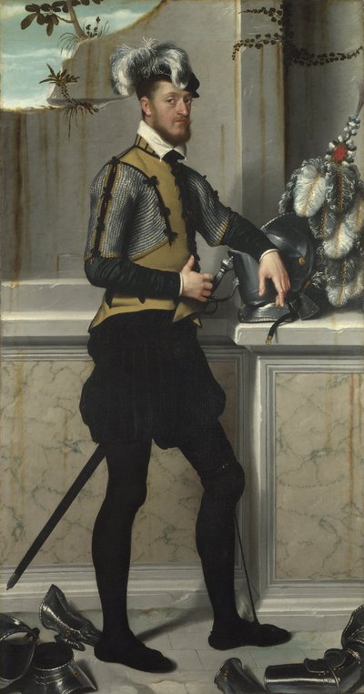 Ein Ritter mit seinem Turnierhelm von Giovanni Battista Moroni