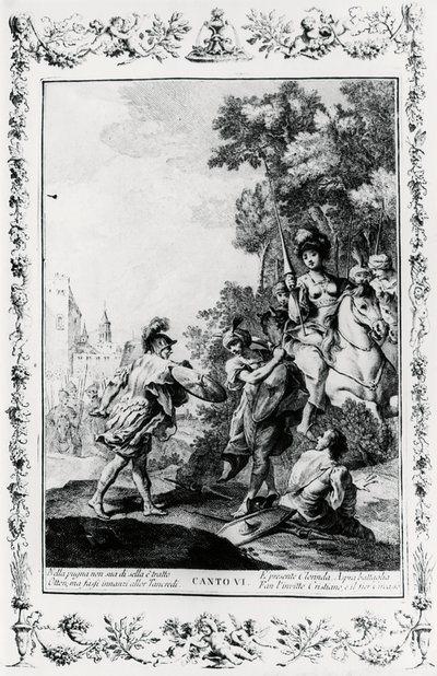 Duell zwischen Ottone und Tancredi in Anwesenheit von Clorinda, Gesang VI, Jerusalem befreit von Giovanni Battista Piazzetta