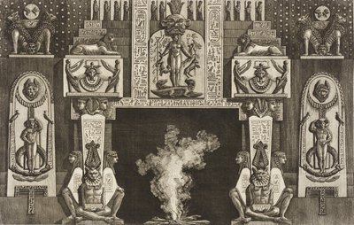 Kaminverkleidung im ägyptischen Stil: Gruppen von drei kauernden Figuren an jedem Gewände. von Giovanni Battista Piranesi