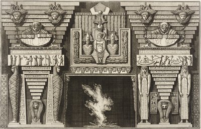 Kaminaufsatz im ägyptischen Stil: links zwei Mumien im Profil und rechts zwei Figuren, die Obelisken tragen. von Giovanni Battista Piranesi
