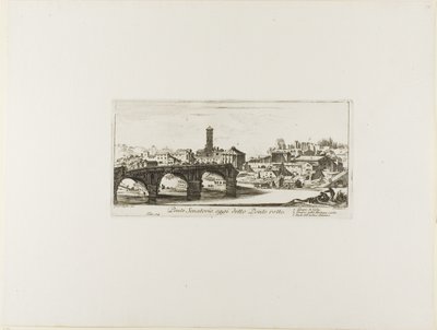 Senatorische Brücke, heute Ponte Rotto [Gebrochene Brücke] genannt. 1. Tempel der Vesta. 2. Tempel der Fortuna Virilis. 3. Teil des antiken Palatin, Platte 14 aus Einige Ansichten von Triumphbögen und anderen Denkmälern von Giovanni Battista Piranesi