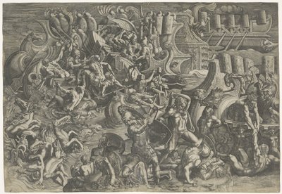 Seeschlacht zwischen Trojanern und Griechen von Giovanni Battista Scultori