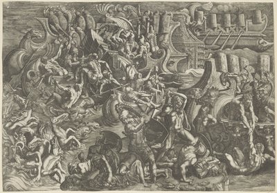 Seeschlacht zwischen den Trojanern und den Griechen von Giovanni Battista Scultori