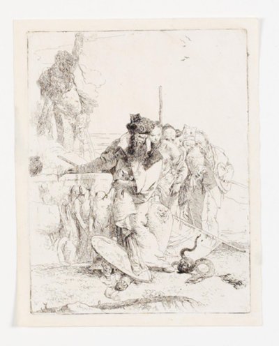 Sechs Personen, die eine Schlange betrachten. Blatt aus der Serie Scherzi di fantasia. von Giovanni Battista Tiepolo