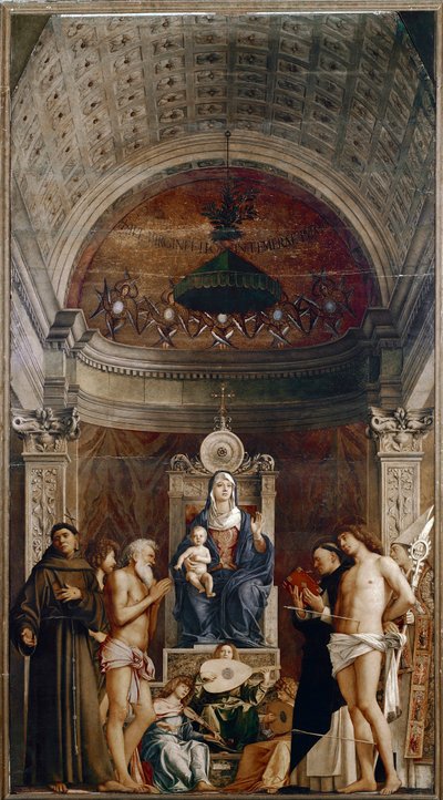 Altarbild des Heiligen Job: Jungfrau und Kind mit sechs Heiligen und musizierenden Engeln von Giovanni Bellini