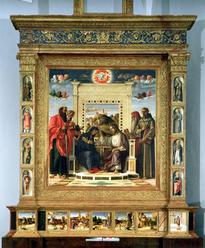Krönung der Jungfrau mit den Heiligen Paulus, Petrus, Hieronymus und Franz von Assisi mit Szenen aus dem Leben der Heiligen im Predella-Panel, bekannt als der Pala di Pesaro Altar, um 1474 von Giovanni Bellini