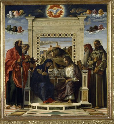 Krönung der Jungfrau mit den Heiligen Paulus, Petrus, Hieronymus und Franz von Assisi mit Szenen aus dem Leben der Heiligen im Predella-Panel, bekannt als das 