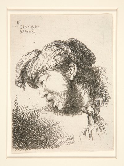 Ein Mann ohne Bart, im Profil gesehen und nach rechts gewandt. Sein Mund ist geöffnet, als ob er schreien würde, aus der Serie Les petites têtes von Giovanni Benedetto Castiglione