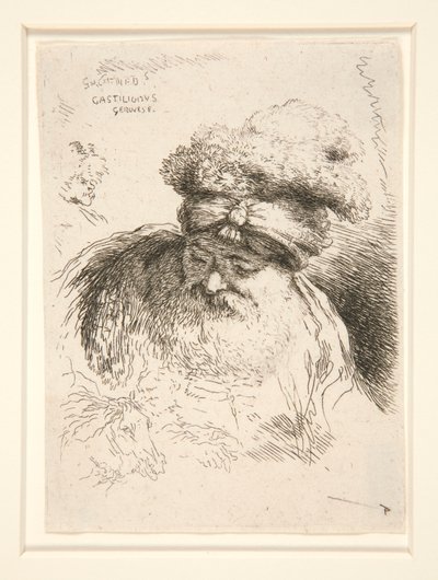 Ein alter Mann mit großem Bart, von vorne gesehen, Kopf und Augen gesenkt, aus der Serie Les petites têtes von Giovanni Benedetto Castiglione