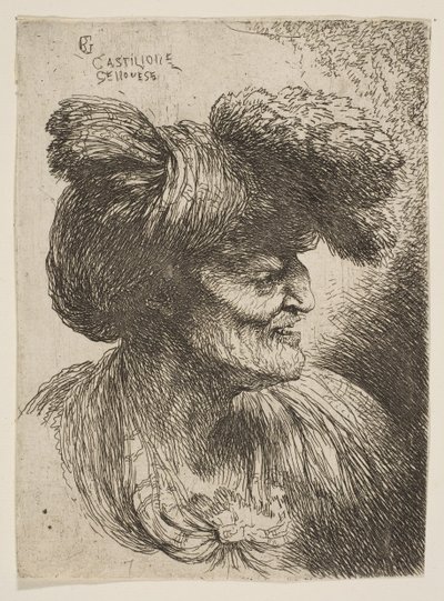 Büste eines bartlosen alten Mannes im Profil nach rechts, aus der Serie der kleinen Köpfe, ca. 1645-1650 von Giovanni Benedetto Castiglione
