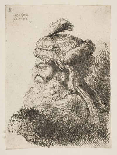 Kopf eines alten Mannes mit Turban nach links, aus der Serie der kleinen Köpfe..., ca. 1645-1650 von Giovanni Benedetto Castiglione