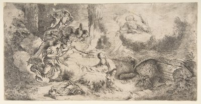 Die Jungfrau und das Kind, Gottvater oben rechts, Engel links von Giovanni Benedetto Castiglione