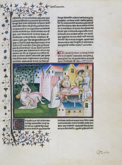 Gabriotto stirbt in Andreuolas Armen, Andreuola bringt seinen Körper nach Hause und wird verhaftet, Andreuola wird für unschuldig erklärt und wird Nonne, Miniatur aus dem Decameron, Vierter Tag, Sechste Geschichte von Giovanni Boccaccio