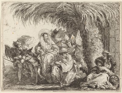 Joseph kniet mit dem Kind vor Maria auf dem Esel von Giovanni Domenico Tiepolo