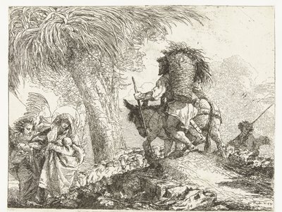 Maria mit Kind, unterstützt von einem Engel, und Josef führt einen Esel an einem Hirten mit Schafen vorbei (Flucht nach Ägypten) von Giovanni Domenico Tiepolo