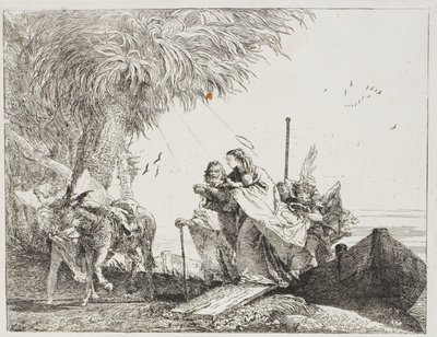 Maria, von Joseph und einem Engel unterstützt, steigt aus dem Boot, Platte achtzehn aus Die Flucht nach Ägypten von Giovanni Domenico Tiepolo